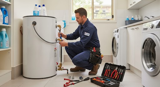 Licensed plumber installing a hot water service unit in an Australian home laundry