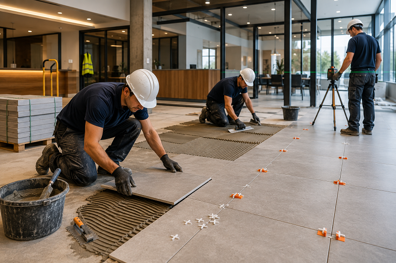 Professional commercial tilers installing large-format floor tiles in a commercial building