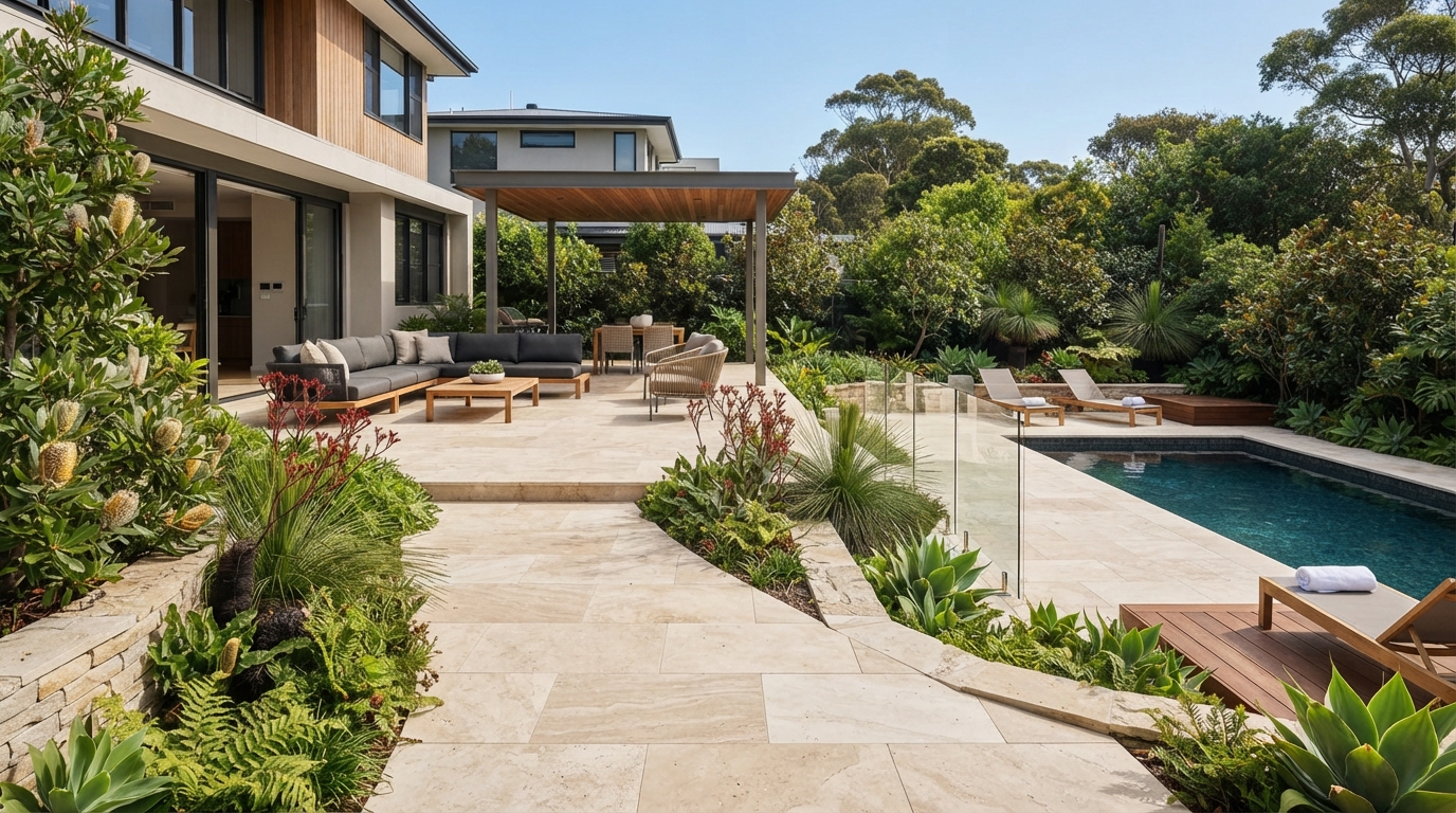 Modern outdoor patio built with premium limestone pavers and landscaped garden